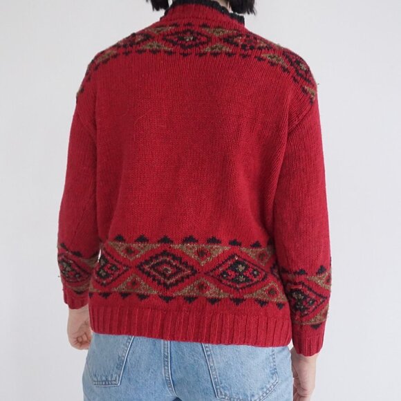 Vintage Eddie Bauer Hand Knit Red Wool Deer Sweater Fair Isle Alpinecore SP - Picture 3 of 10